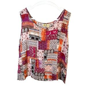 VTG Islander Tank Top Women's XL Sleeveless Shirt Bohemian Patchwork Artsy